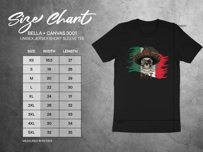 Bella+Canvas 3001 unisex t-shirt size chart with measurements in inches.