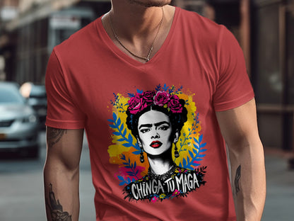 Vivid Frida Kahlo Inspired Graphic V-neck T-Shirt Design