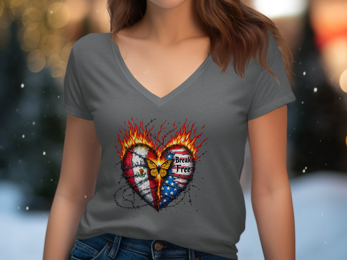 Break Free Heart Fire and Flag Graphic V-neck Shirt product