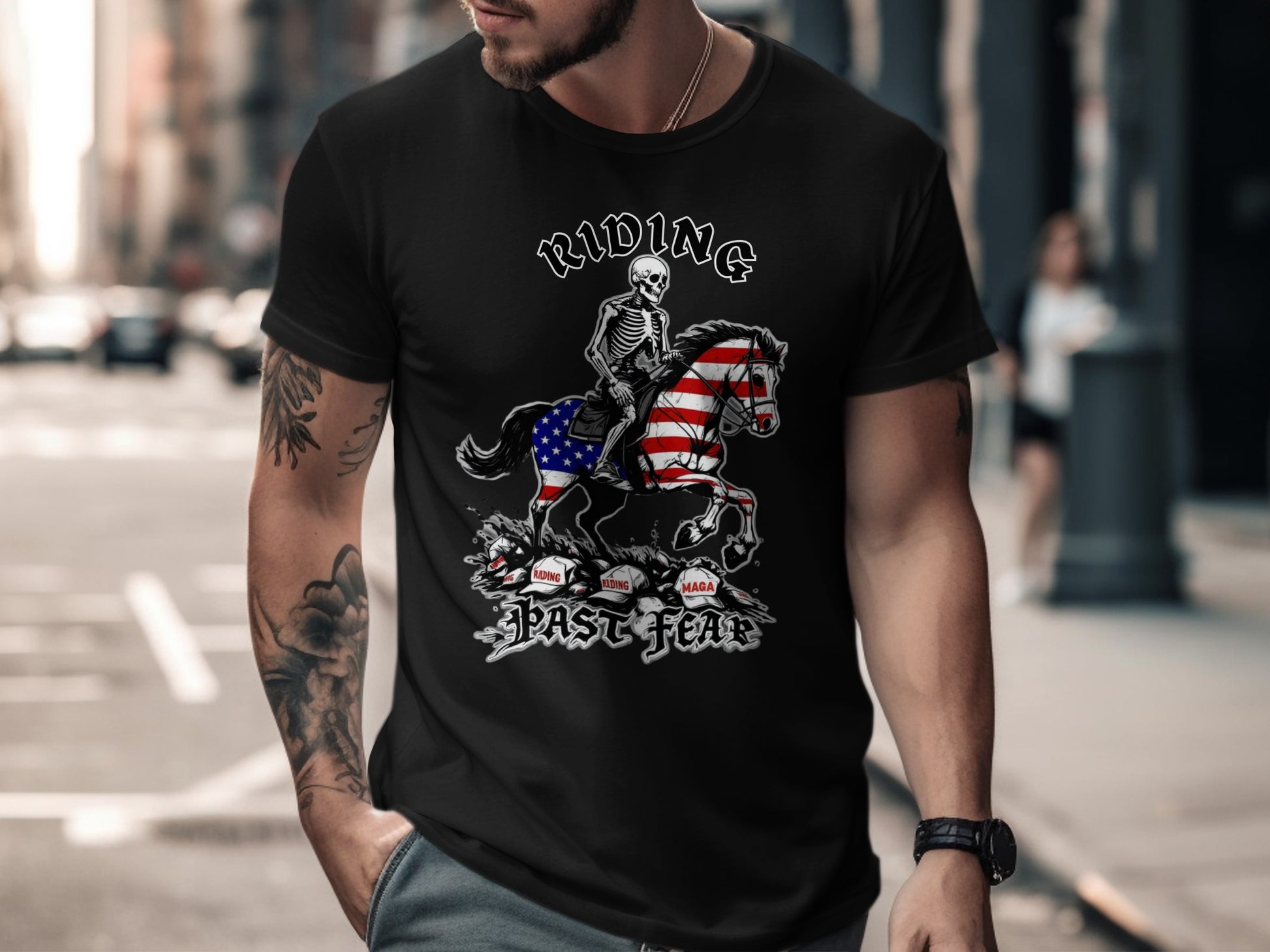 Riding Past Fear Patriotic Skeleton T-shirt product type