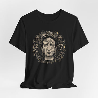 Frida Kahlo portrait with Faith, Democracy, Truth text on black t-shirt.