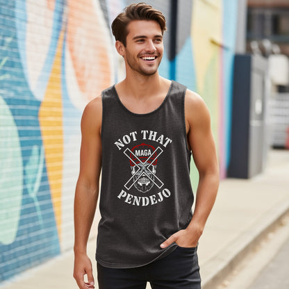 Man wearing charcoal tank top with "NOT THAT MAGA PENDEJO" text.