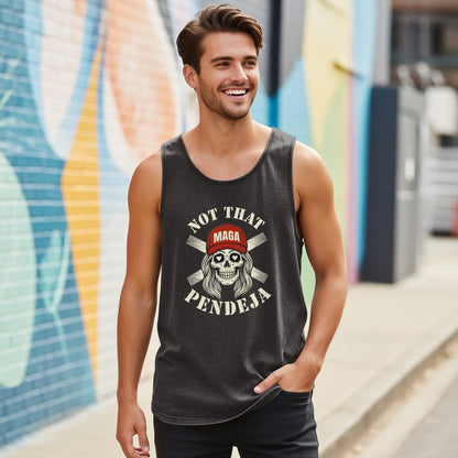 Man wearing a dark gray tank top with "NOT THAT MAGA PENDEJA" text and a skull graphic.