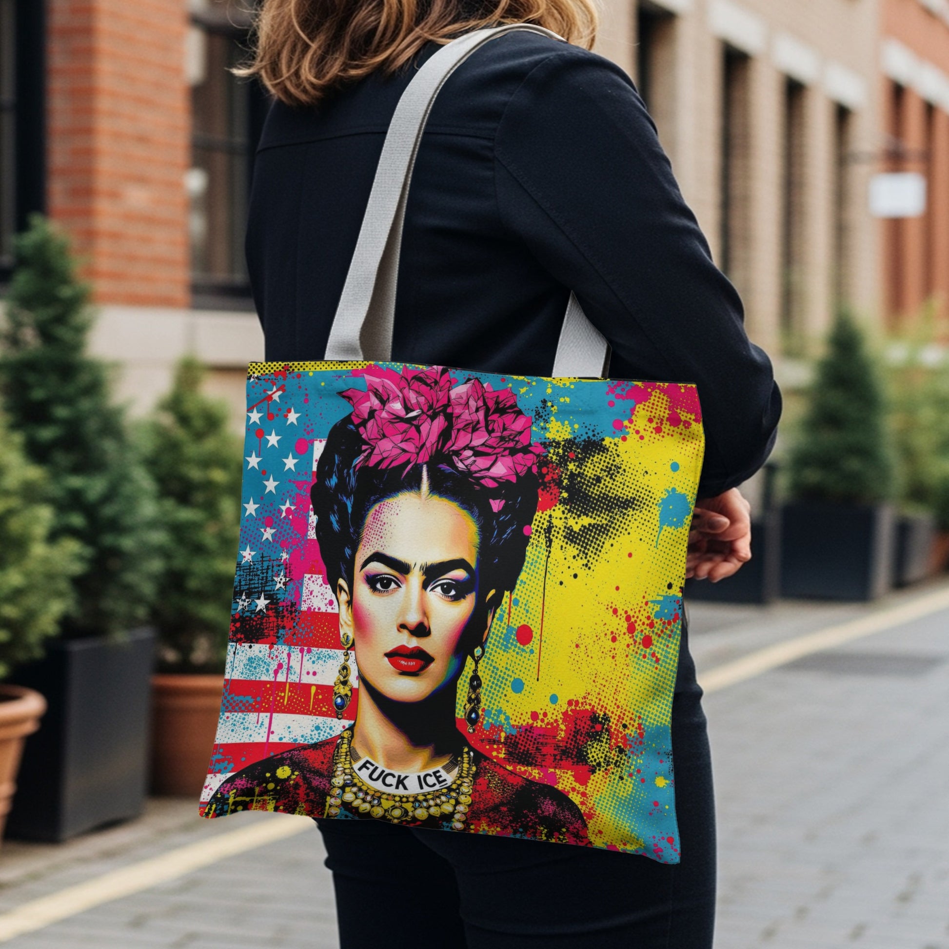 Tote bag featuring a colorful portrait of Frida Kahlo with an American flag background.