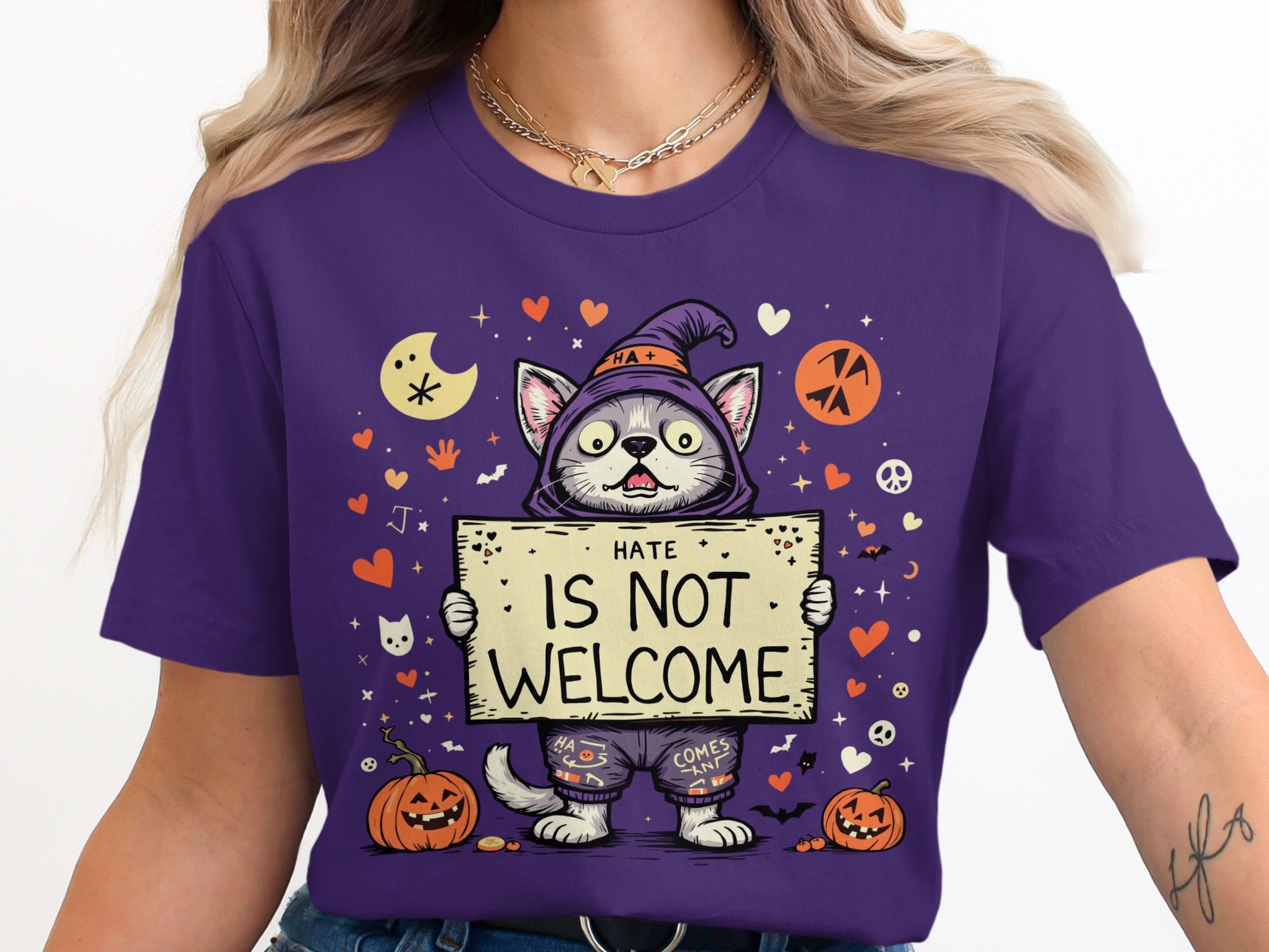 Hate is Not Welcome Halloween Cat T-Shirt product