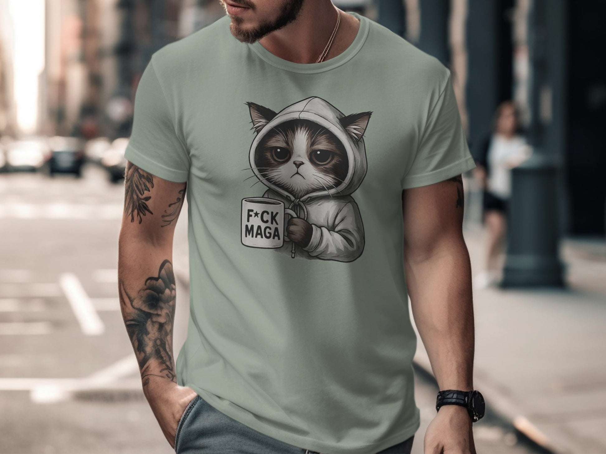Cute Cat Hoodie Character With FCK MAGA Mug T-shirt