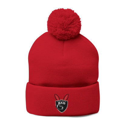 Bright Red Pom-Pom Beanie with Embroidered Logo Hat