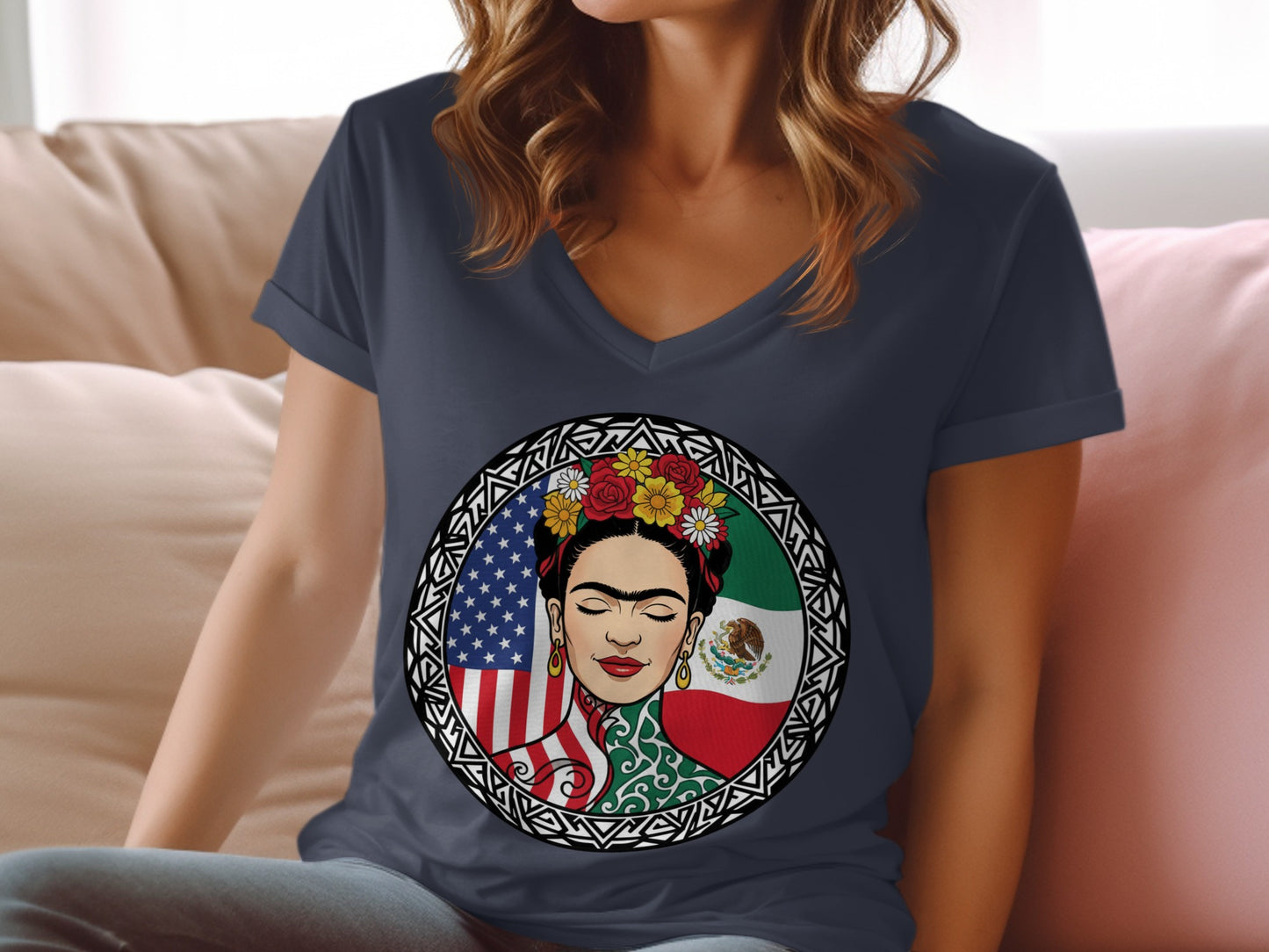 Frida Kahlo Shirt with American and Mexican Flags Design