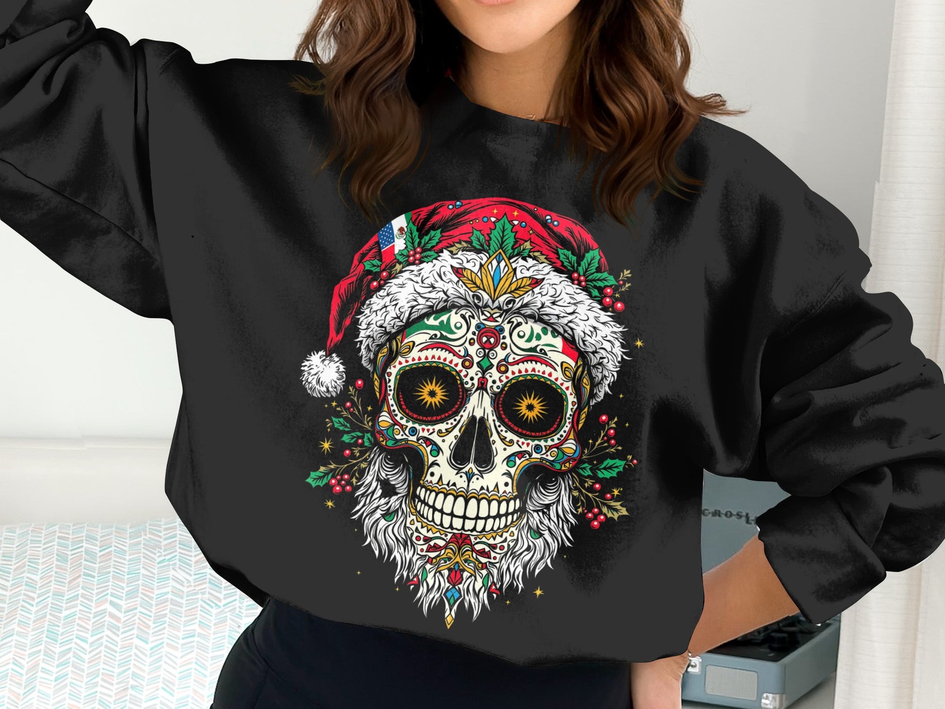 Sugar Skull Santa Christmas Sweater with Festive Design