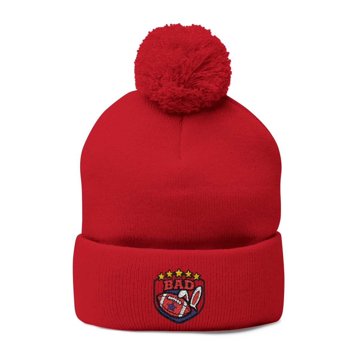 Red Beanie with Embroidered Badge Design Hat