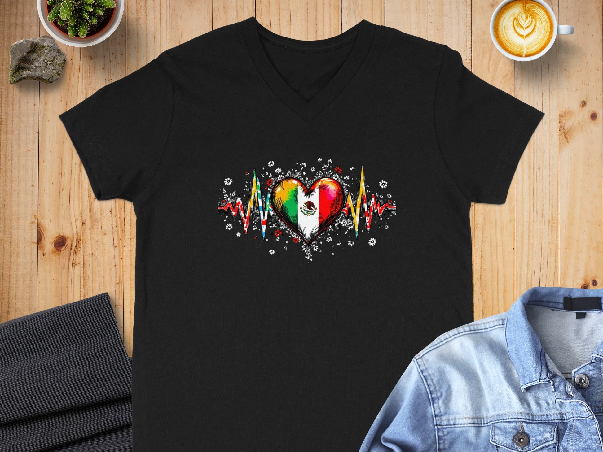 Colorful Heartbeat Graphic Design V-neck Shirt product type