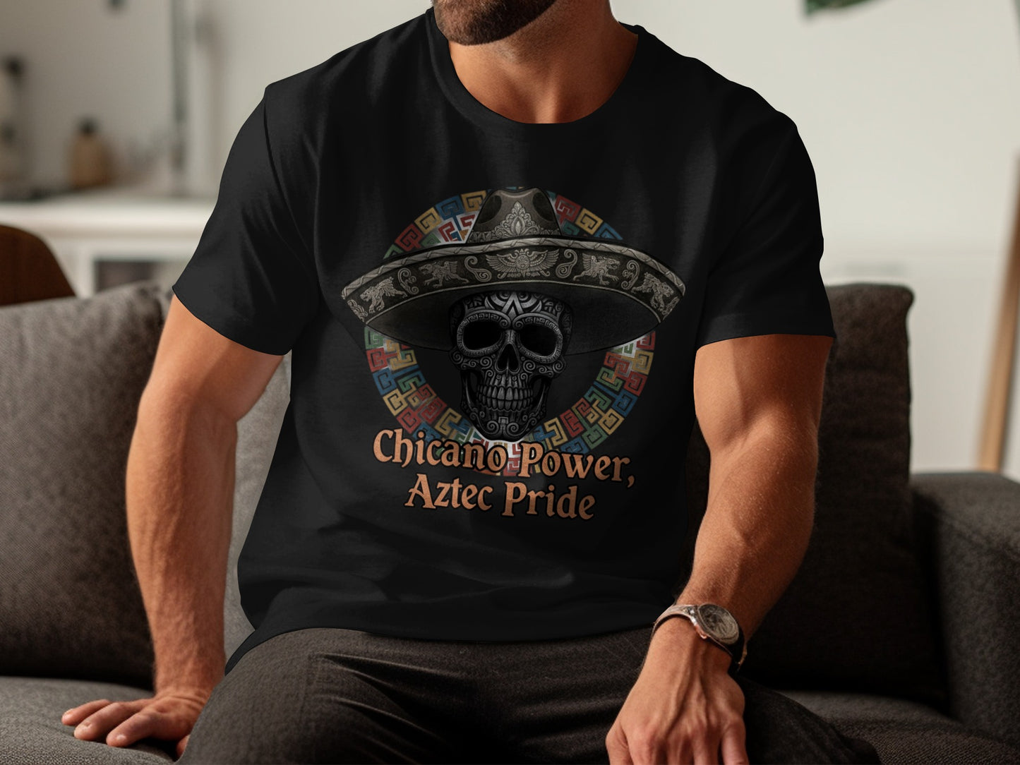 Chicano Power Aztec Pride Skull with Sombrero T-shirt
