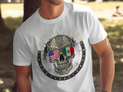 Chinga La Migra Skull with Flags Design T-shirt product