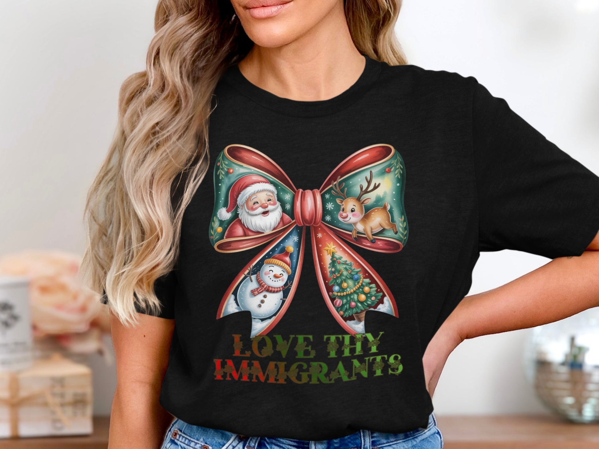 Love Thy Immigrants Christmas Bow Design Shirt