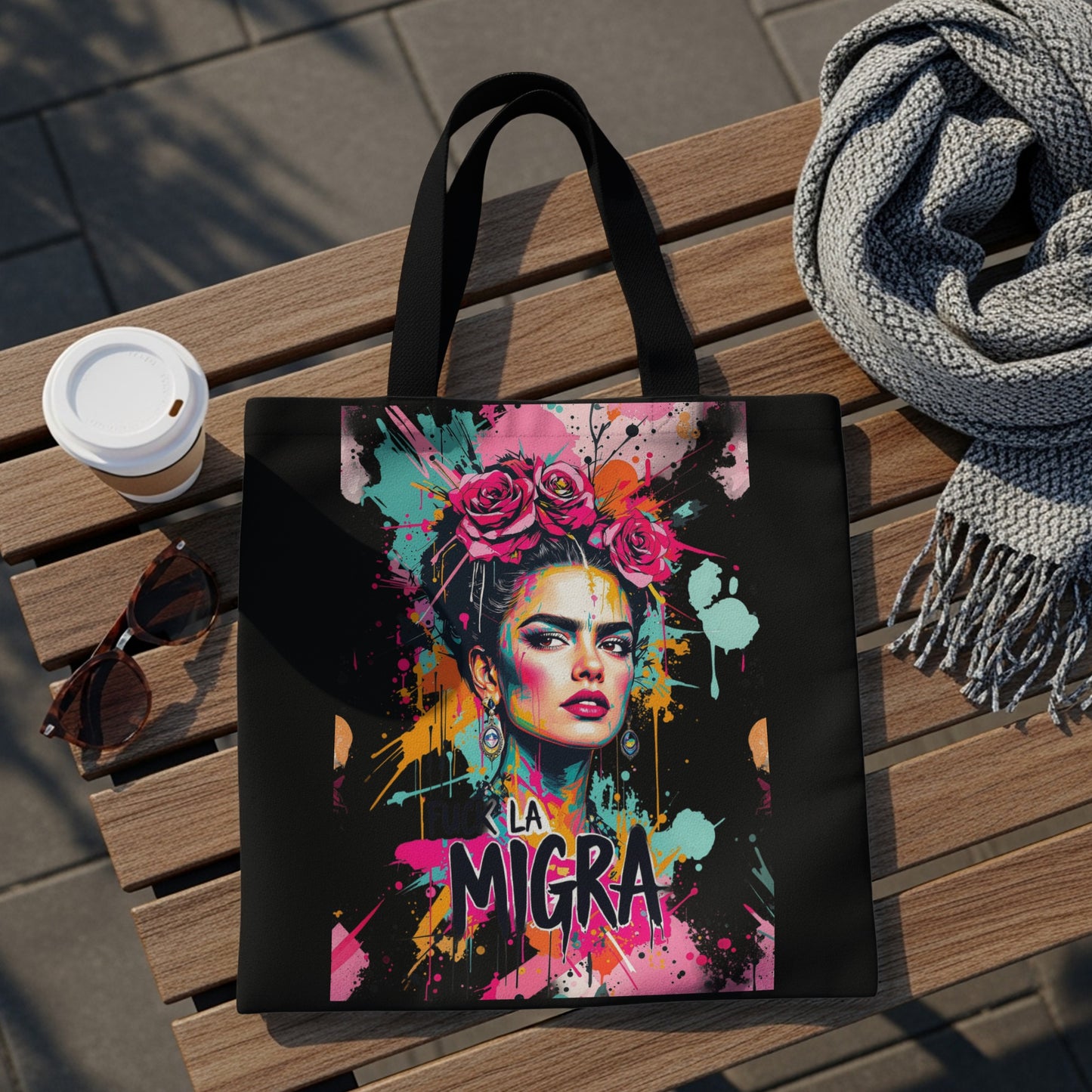 Tote bag featuring Frida Kahlo artwork with "La Migra" text.
