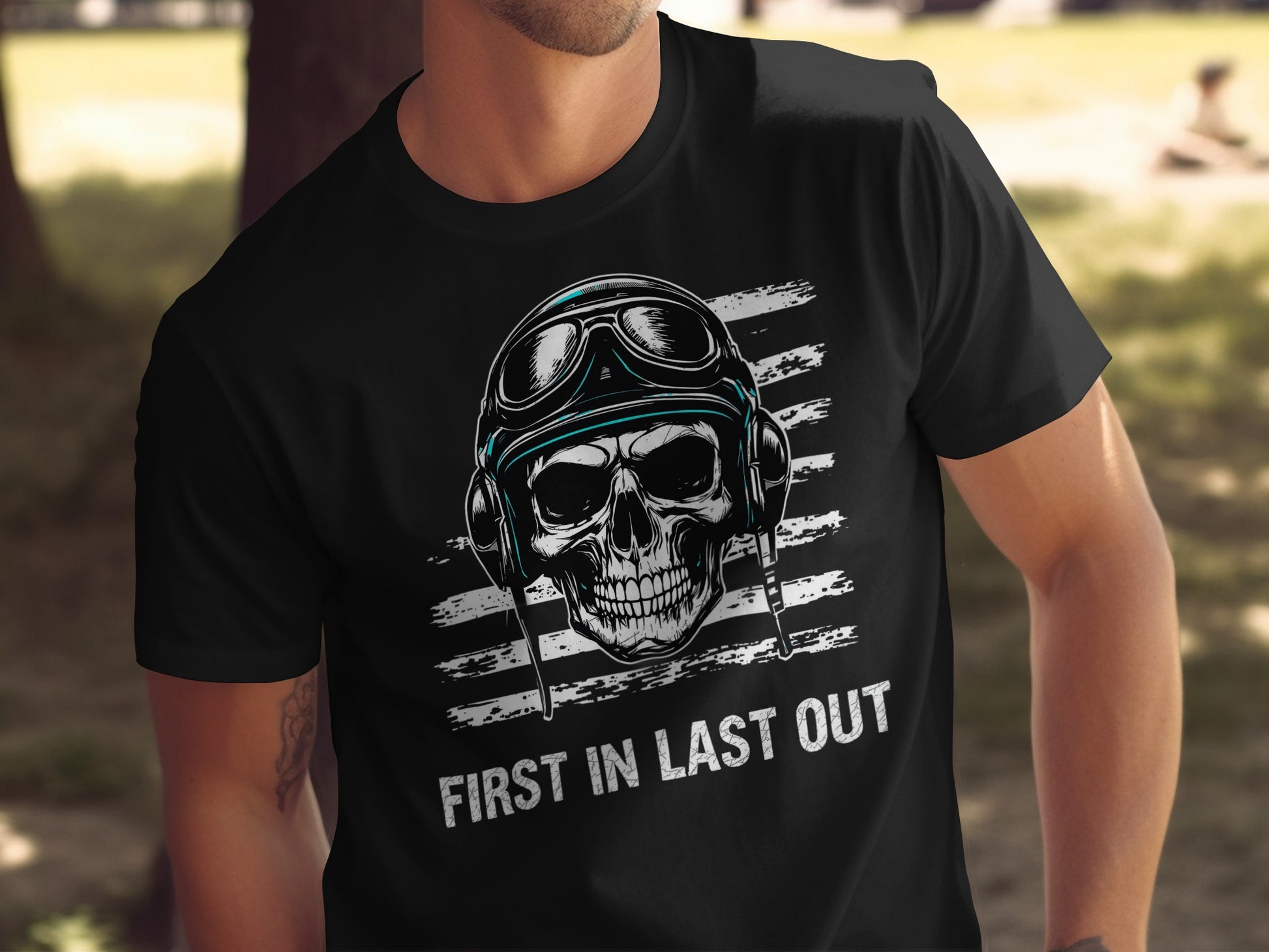 Skull with Goggles First In Last Out T-Shirt