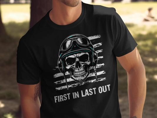Skull with Goggles First In Last Out T-Shirt