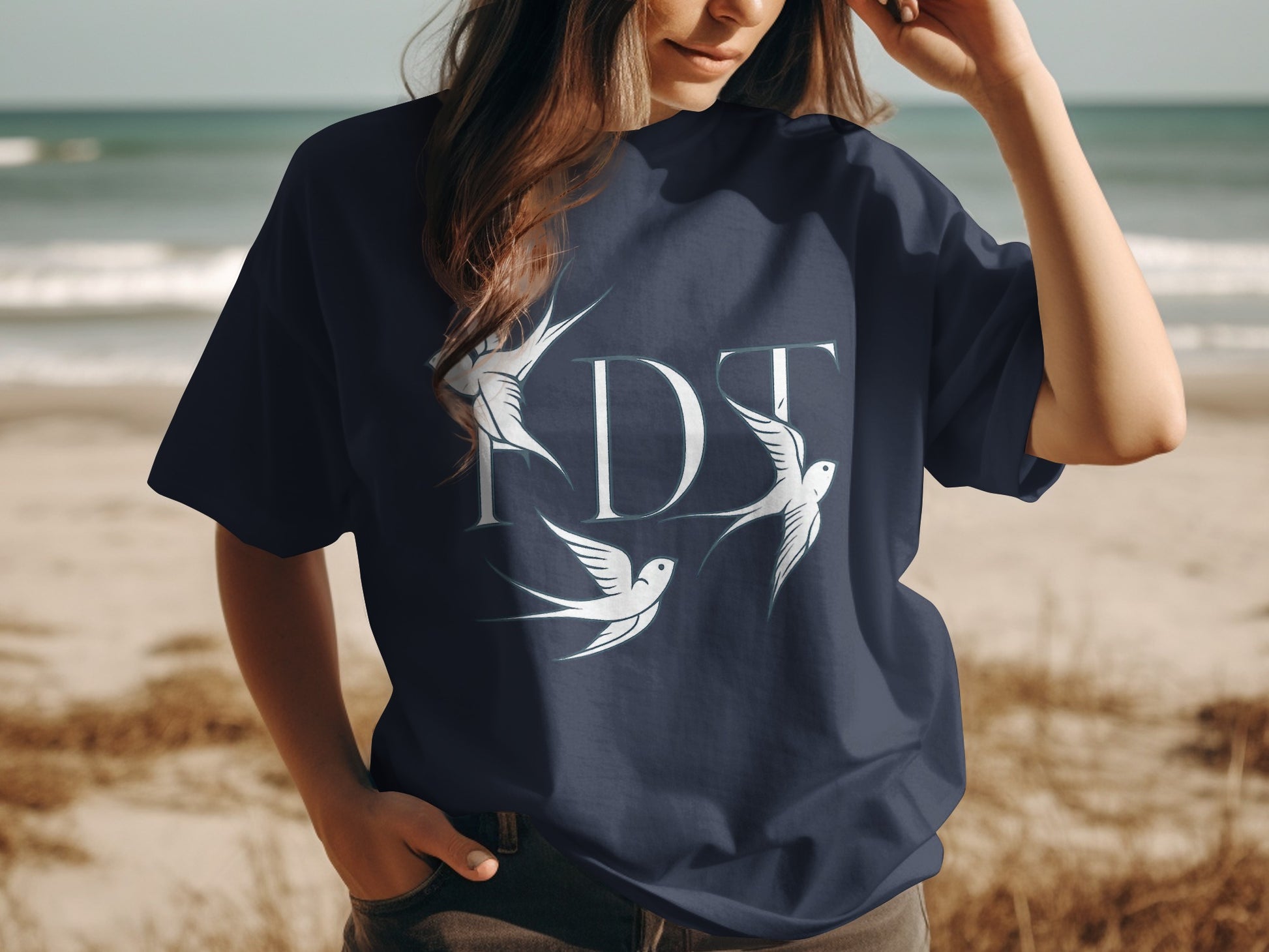 Vintage Swallow Print Graphic Navy Blue T-Shirt product