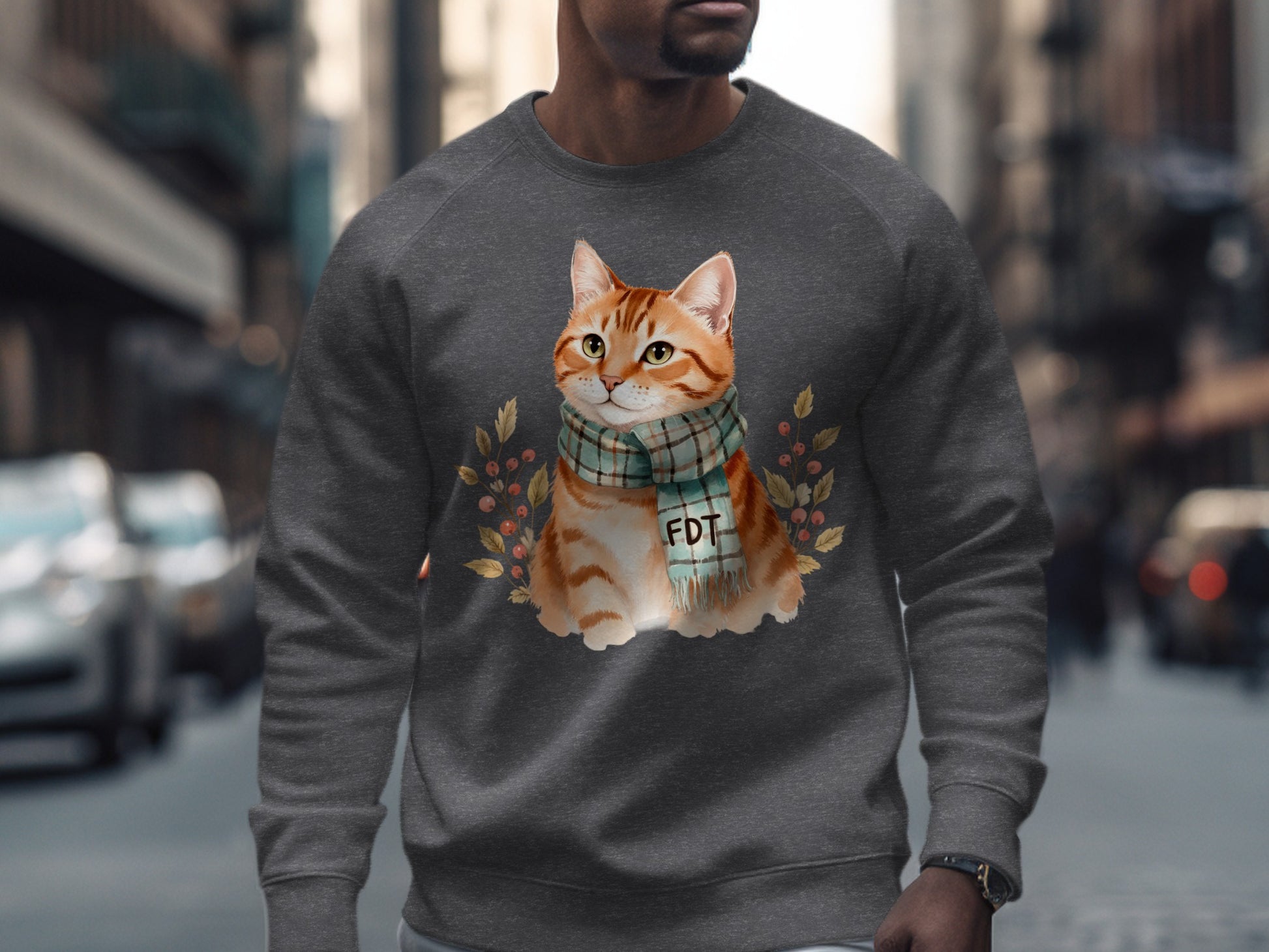 Cozy Cat in Scarf on Grey Apparel for Cool Days