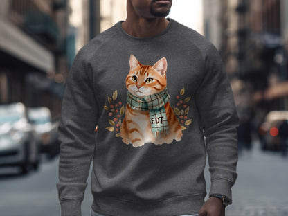 Cozy Cat in Scarf on Grey Apparel for Cool Days