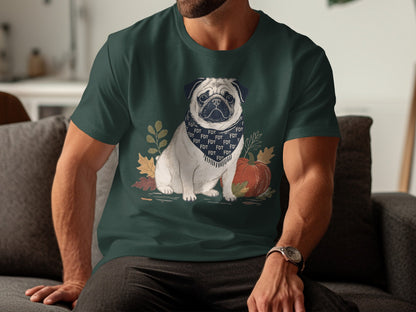 Adorable Pug Dog T-Shirt with Fall Pumpkin Design