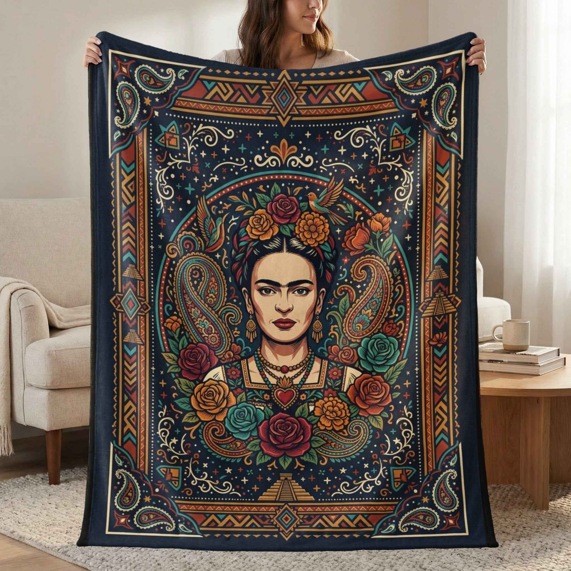 Frida Kahlo Blankets, Mexican Folk Art Floral Throw, Vibrant Iconic Artist Blanket, Cultural Decor, Aztec Paisley Home Blankets