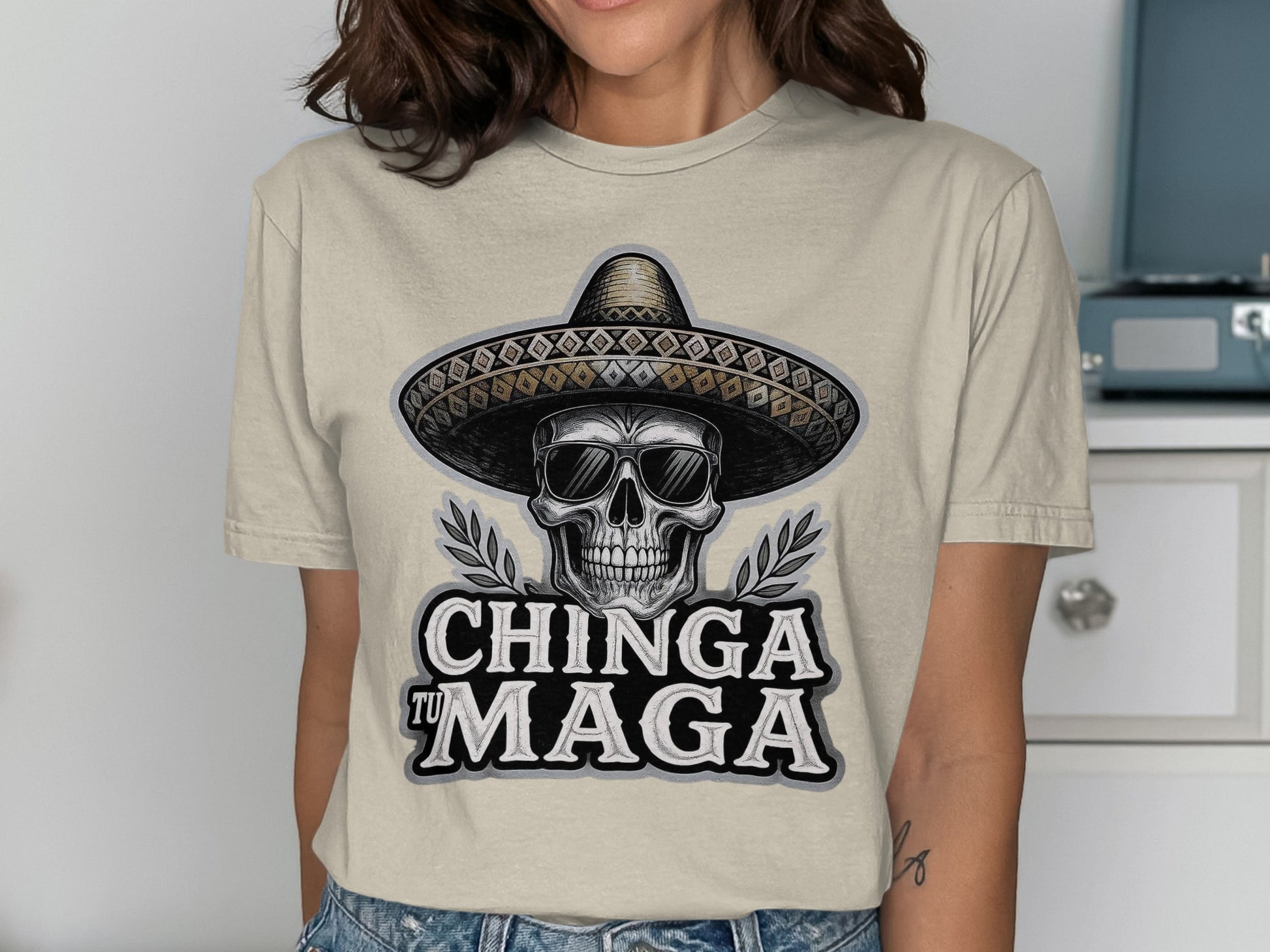Chinga Tu Maga Skull with Hat Graphic T-shirt product type