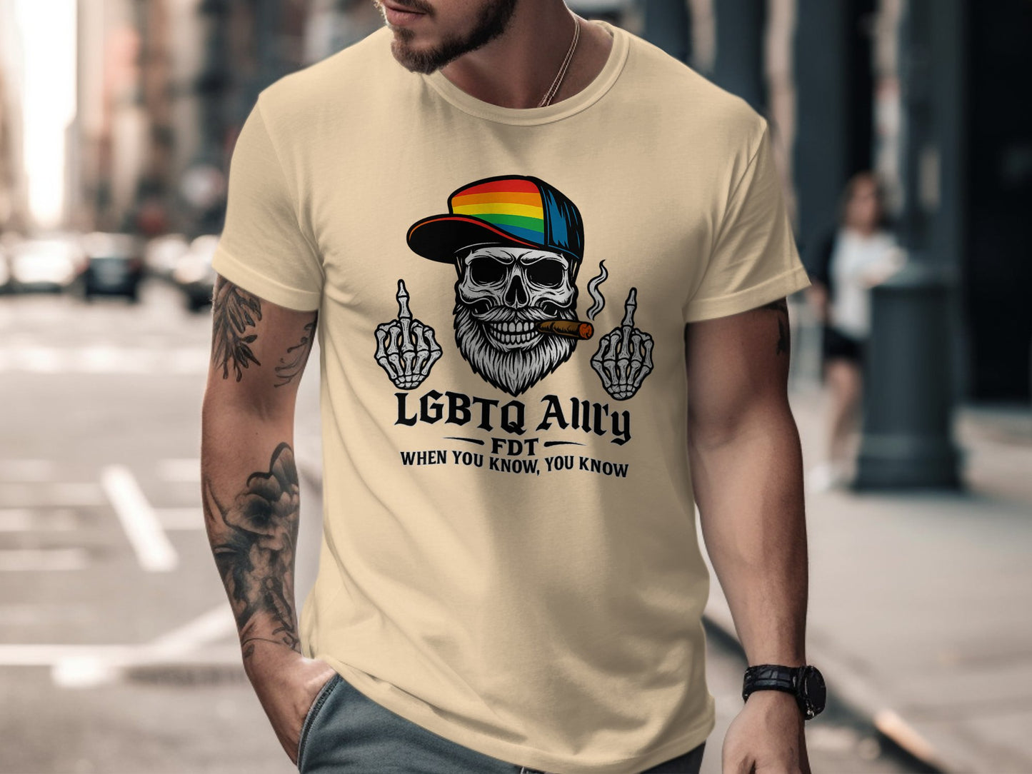 LGBTQ Ally Skull Rainbow Hat Graphic Tee Shirt product type