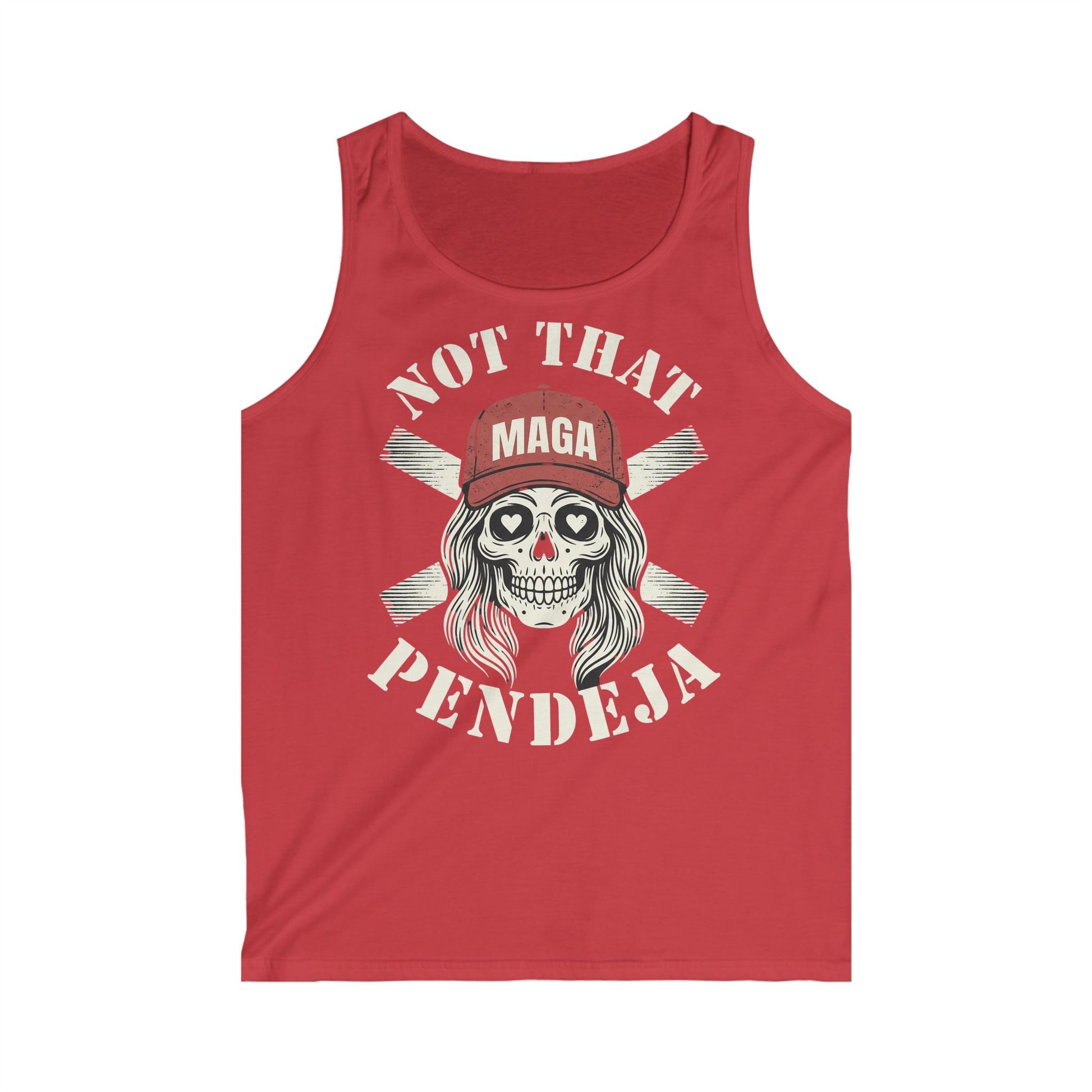 Red tank top with "NOT THAT MAGA PENDEJA" text and skull graphic.