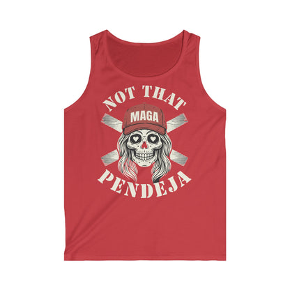 Red tank top with "NOT THAT MAGA PENDEJA" text and skull graphic.