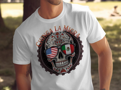 Chinga La Migra Skull with Flags Graphic T-Shirt Product