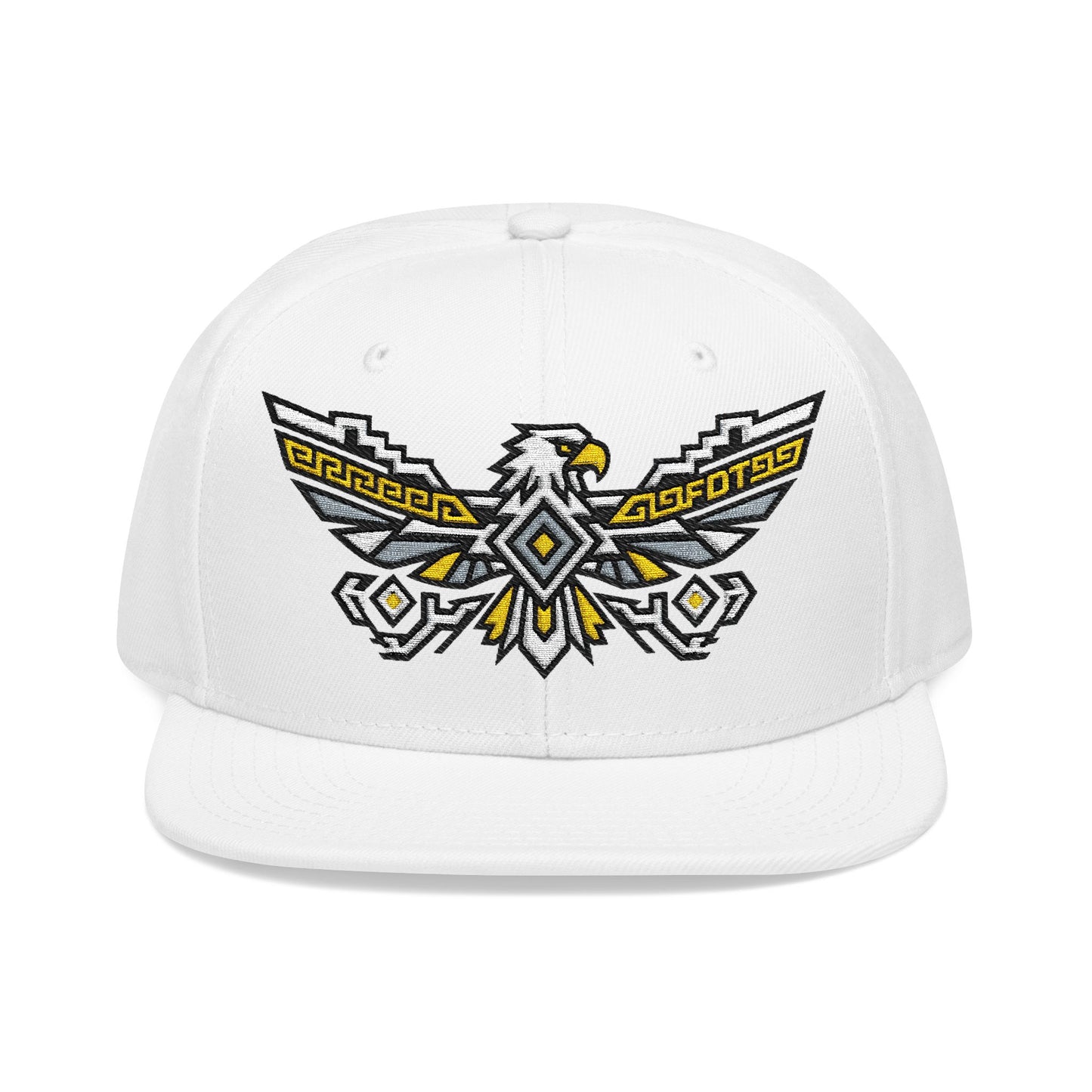 White baseball cap with embroidered eagle and geometric design.