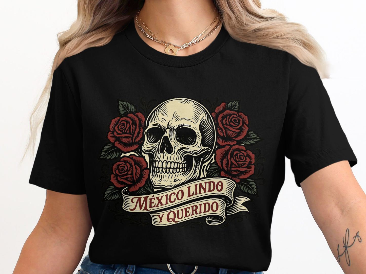 México Lindo y Querido Skull Roses Graphic T-shirt