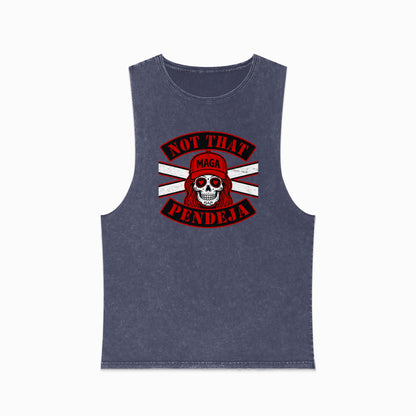 Dark blue muscle tee with red and white "NOT THAT PENDEJA" skull graphic.