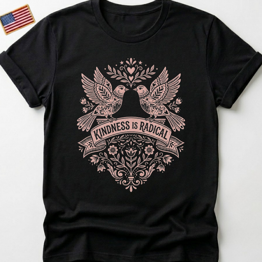 Kindness Is Radical T-Shirts, Empowering Folk Art Doves Design, Positive Message Floral Tee, Ornate Bird Lovers Graphic Top, Peace and Love