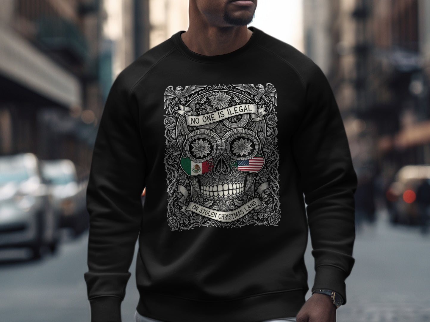 No One Is Illegal Skull Design Long Sleeve Shirt