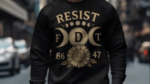 A person wearing a black sweatshirt with a large graphic design on the back.