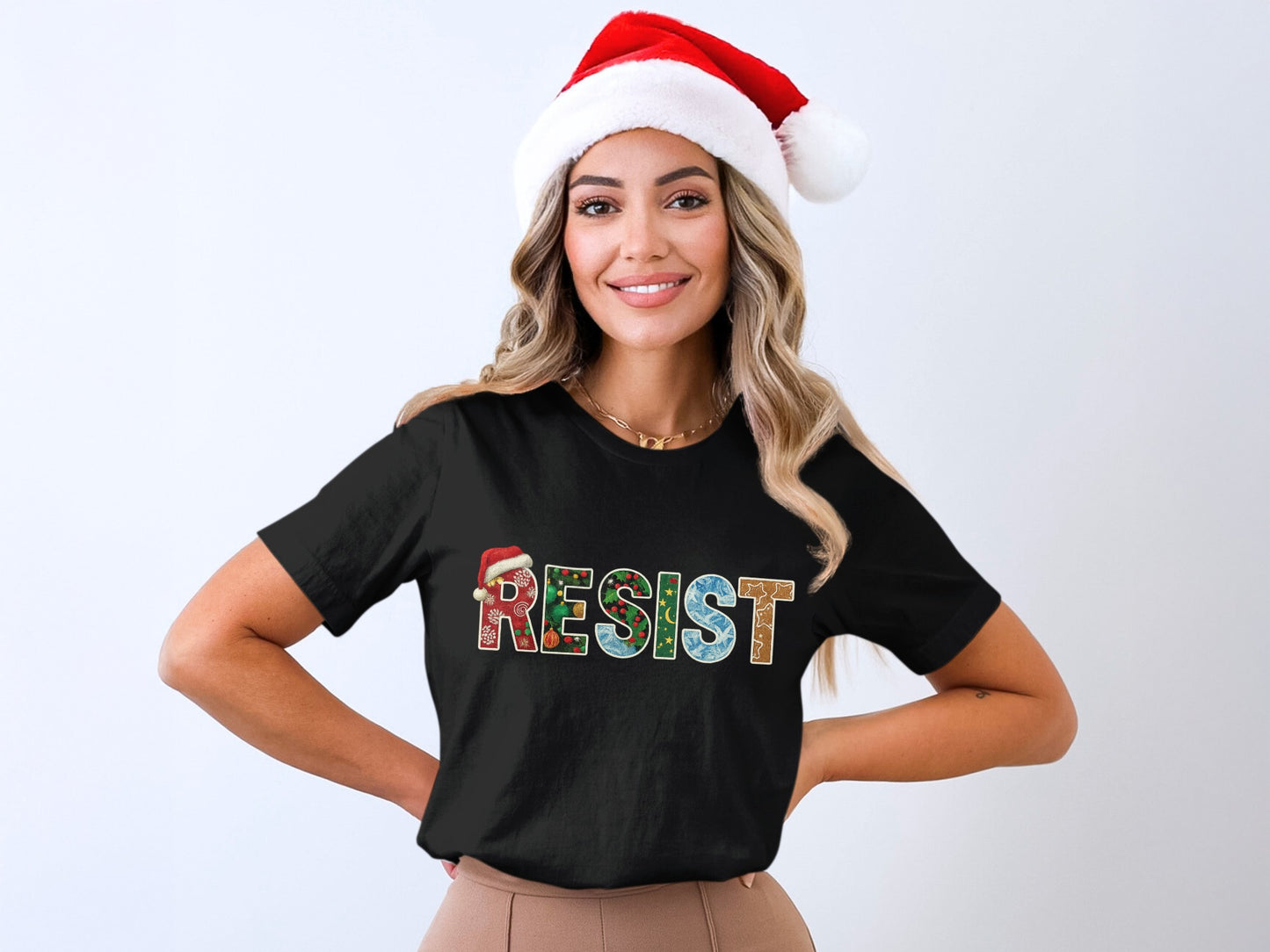 Festive Resist Graphic Tee with Santa Hat Design