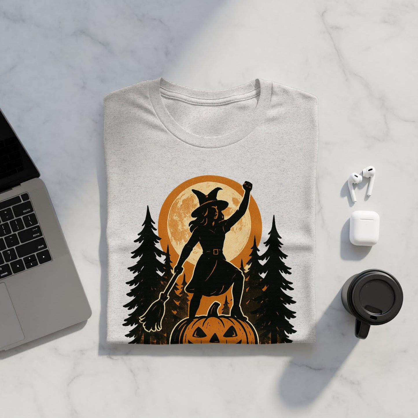 Halloween Witch Graphic Tee with Orange Moon Design product type