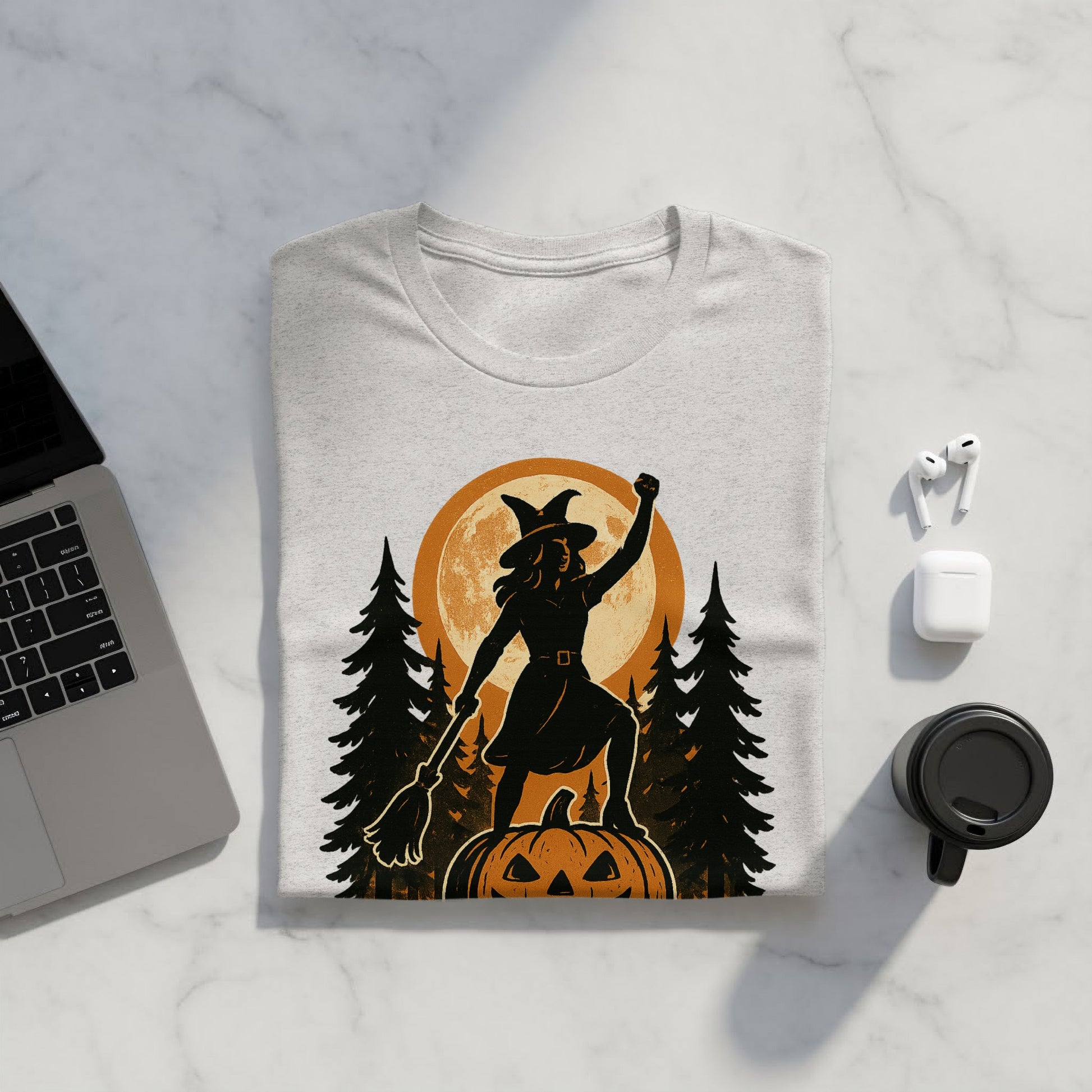 Halloween Witch Graphic Tee with Orange Moon Design product type