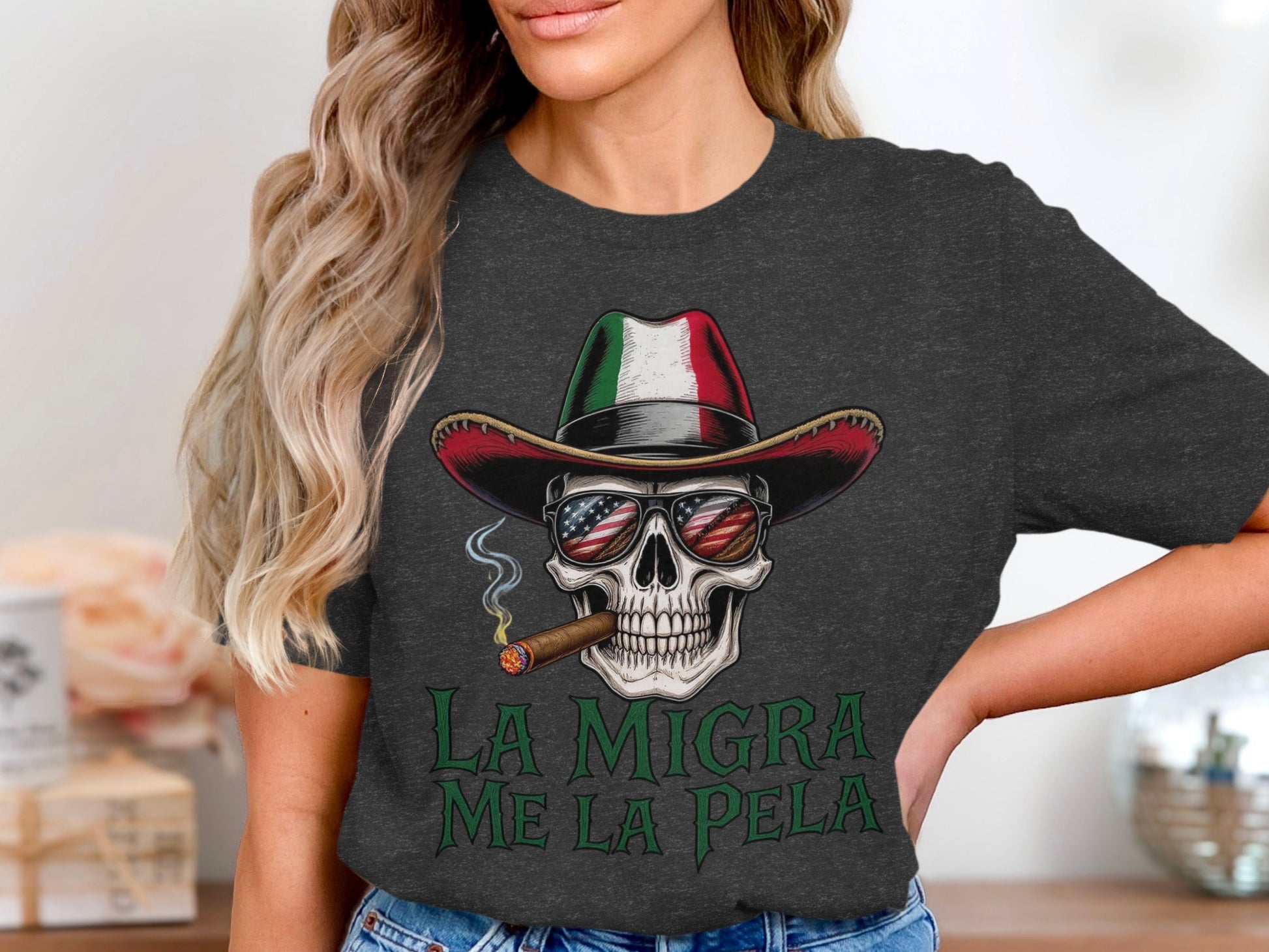 La Migra Me La Pela Smoking Skull Design T-shirt product type