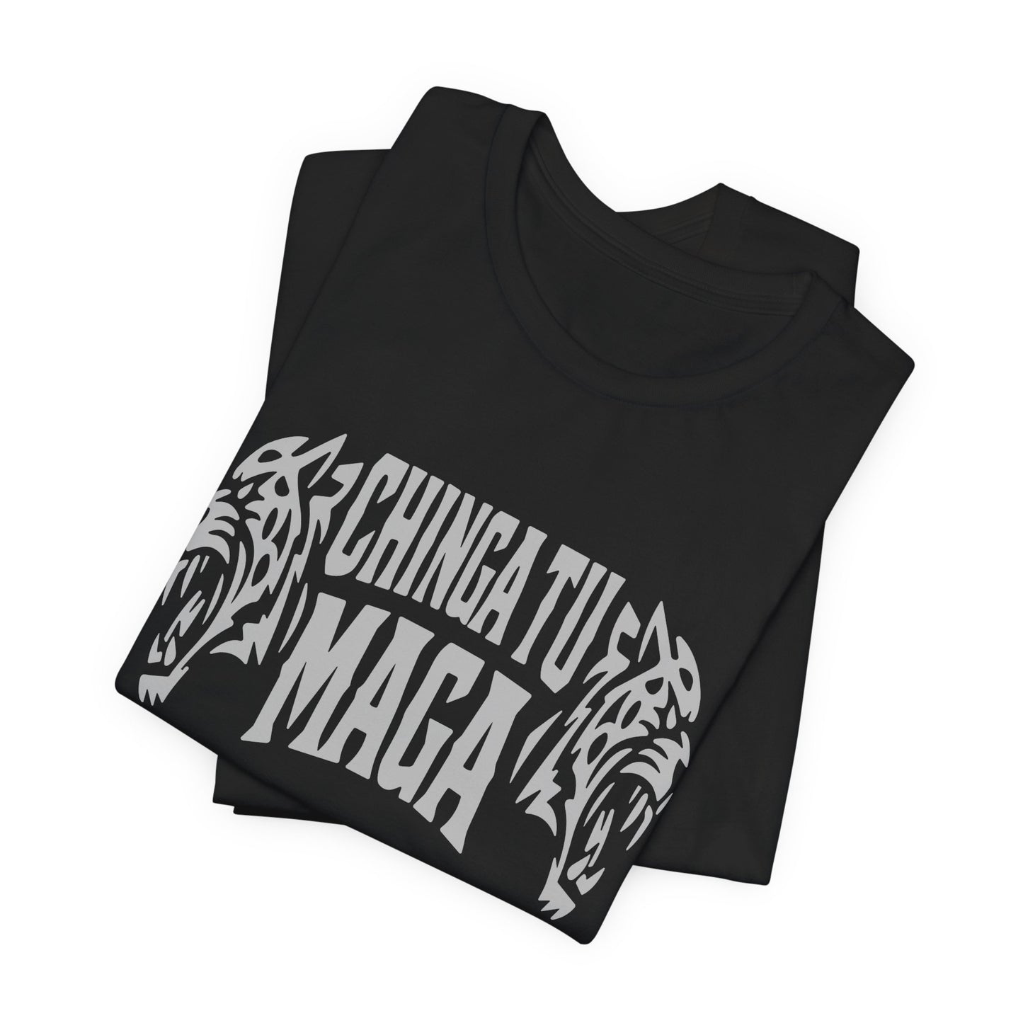 Black t-shirt with white "CHINGA TU MAGA" text and tiger graphic.