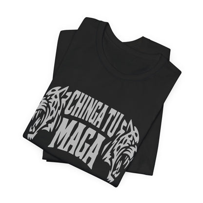 Black t-shirt with white "CHINGA TU MAGA" text and tiger graphic.