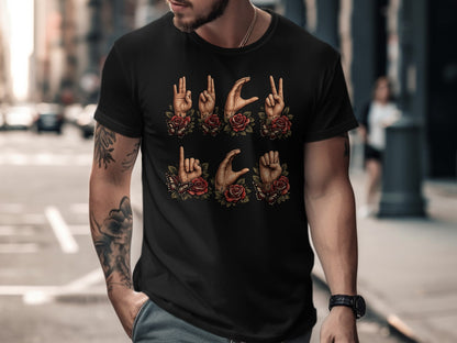 Unique Hand Sign Graphic Tee with Floral Design