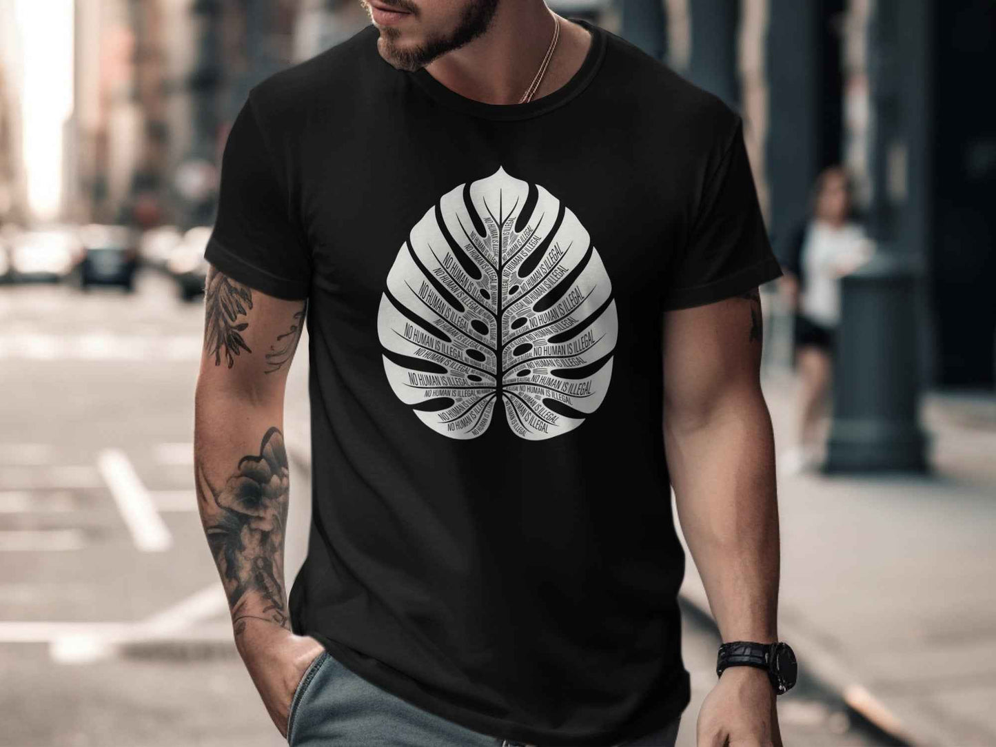 No Human Is Illegal Monstera Leaf T-Shirt, Human Rights Tee, Social Justice Shirt, Activism Apparel, Botanical Statement Design T-Shirts