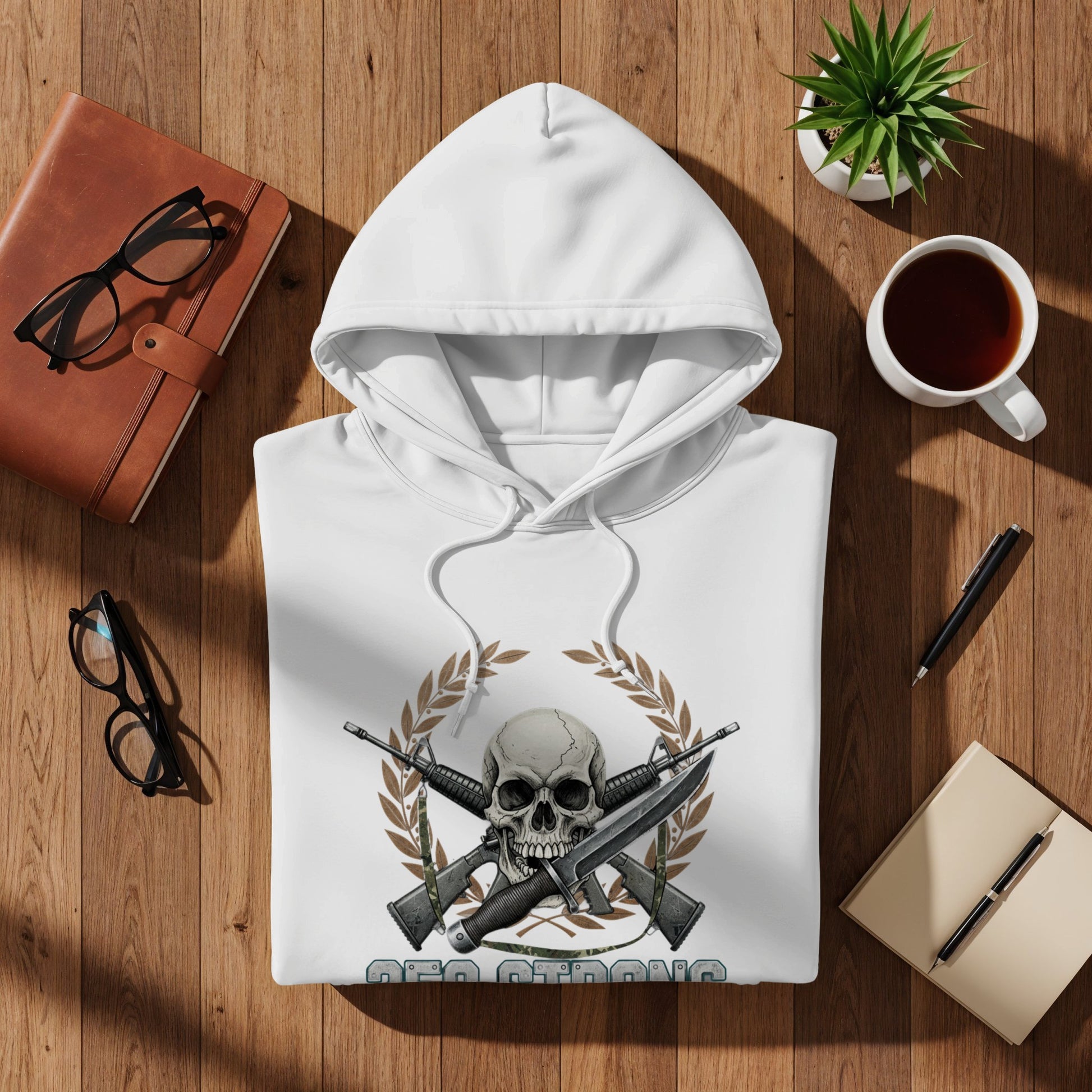 White Hoodie with Skull and Crossed Guns Design