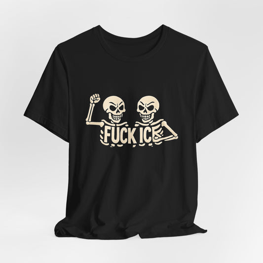 Black t-shirt with two skeletons and "FUCK ICE" text.