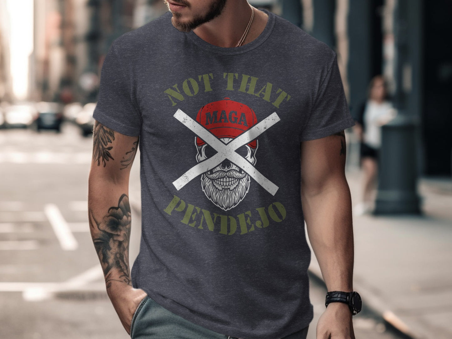 Dark gray t-shirt with "NOT THAT MAGA PENDEJO" text and crossed white boards.