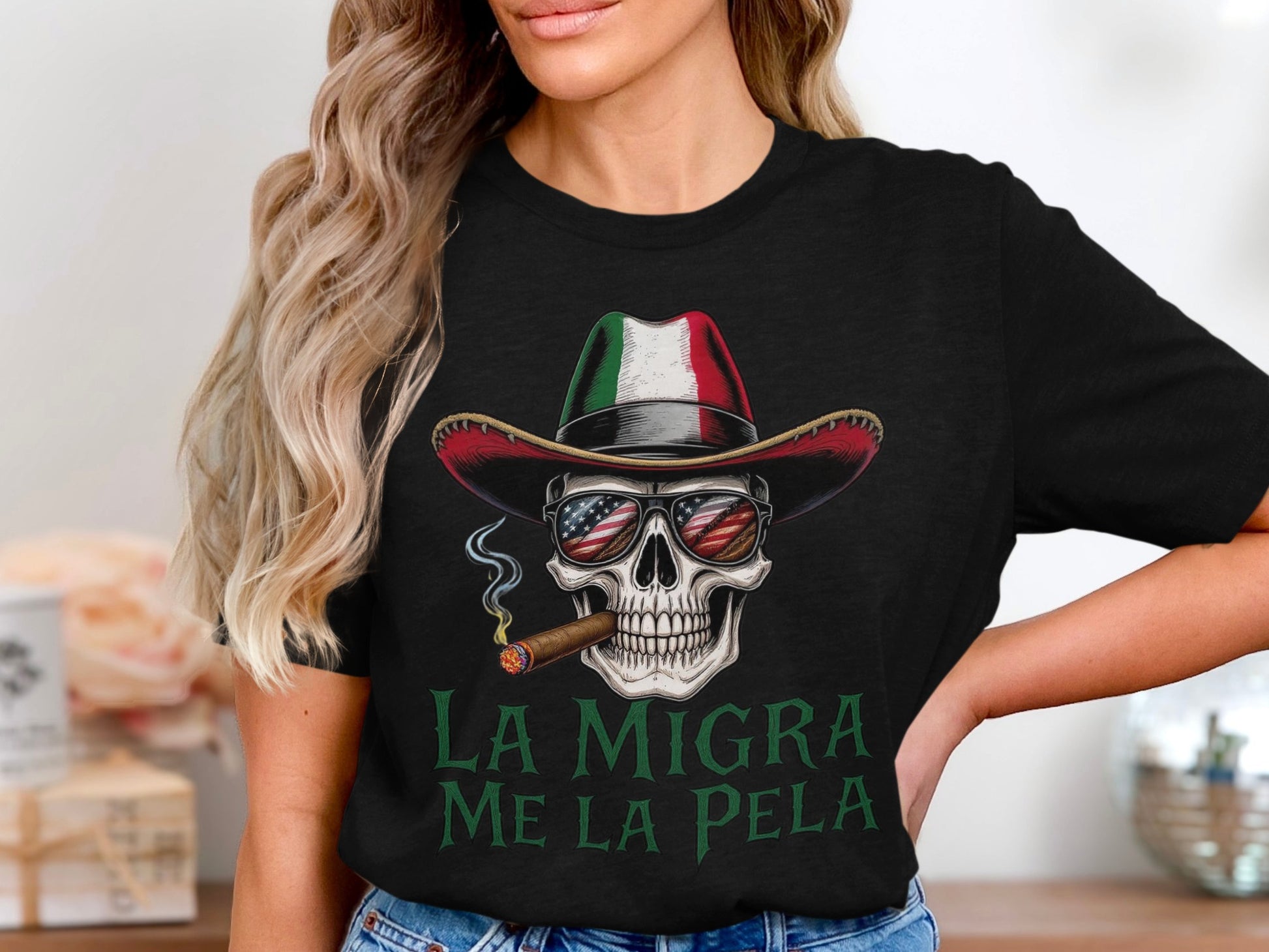 La Migra Me La Pela Skull Cowboy Hat T-shirt product