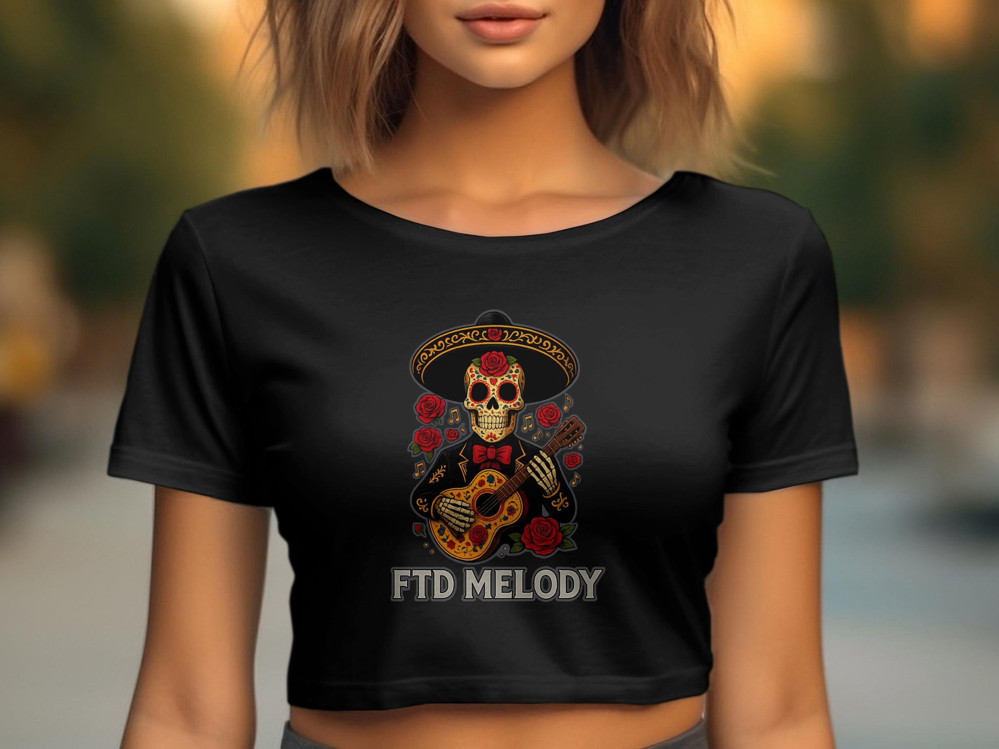 Skull with Hat and Guitar FTD Melody Crop Top product type